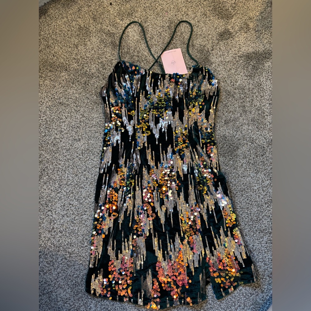 Hello Molly Black Sequin Mini Dress with Multicolor Sequin Detail